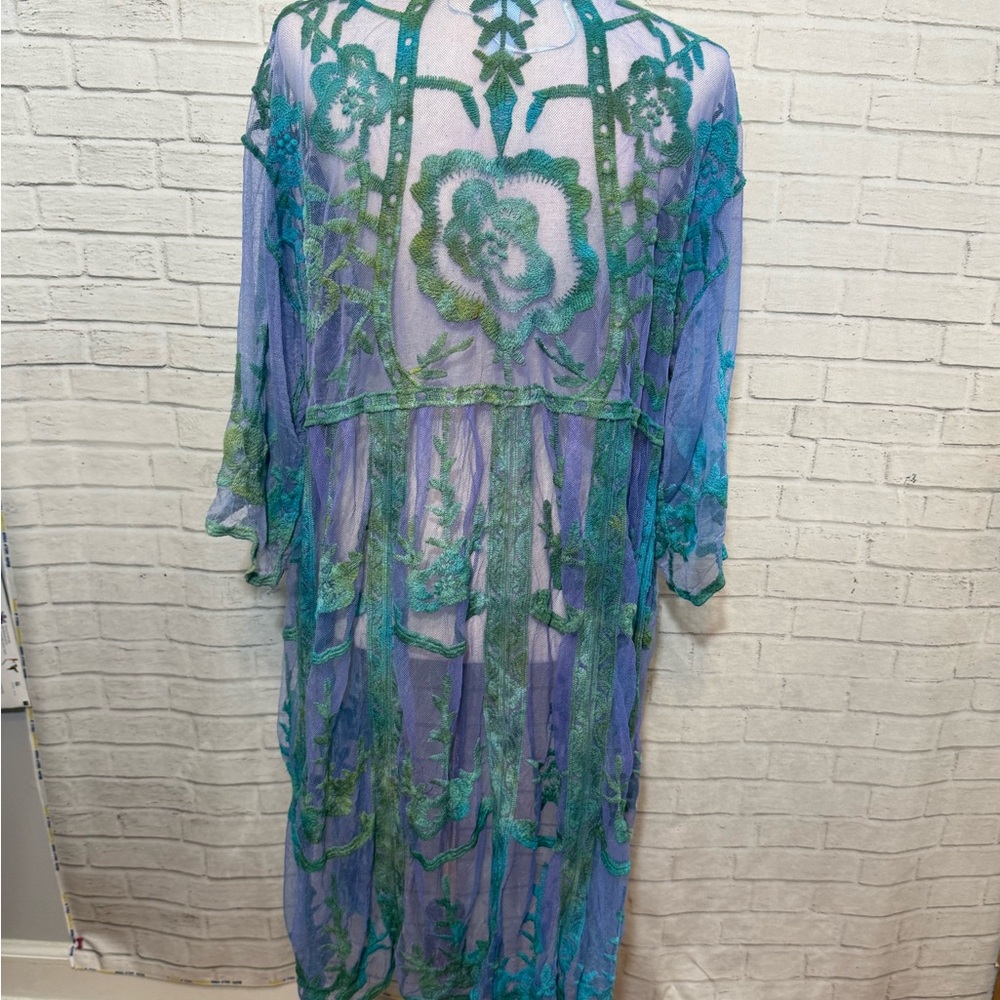 Sold Sheer Blue & Green Ice Dye Embroidered Lace Kimono